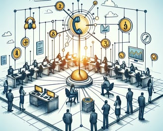a group of people standing around a table with a clock