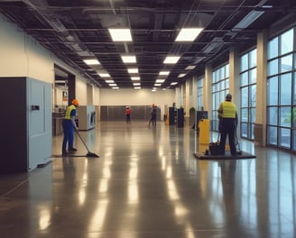 A person stands on a concrete surface outside a building, wearing a yellow protective hazmat suit with red gloves and safety goggles. Industrial pallets are visible in the background, and yellow caution lines are painted on the ground.