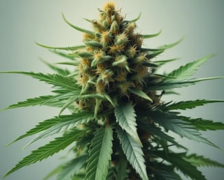 A collection of cannabis-related items, including a glass jar filled with cannabis buds, a metal grinder with its lid off, and a rolled joint laying in front. The scene features earthy tones and metallic highlights.