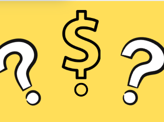 a yellow background with two question marks and a dollar sign