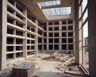 Two high-rise buildings under construction dominate the scene, featuring multiple floors with large glass windows. A yellow construction crane is situated between the buildings, indicating ongoing construction work. The structures have a modern design with a mixture of reflective panels and unfinished surfaces.