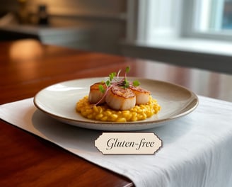 A photograph of an exquisitely plated gourmet meal presented on a crisp white linen tablecloth. The