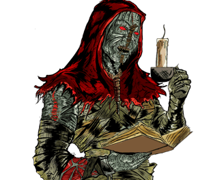 a man in a costume holding a book