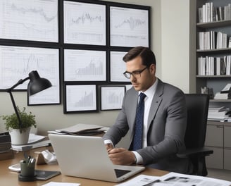 A person is working on a laptop at a wooden table. Next to them is a stack of books relating to business and success, with titles visible such as 'The Warren Buffett Way' and 'The Deals That Made The World'. The setting appears to be professional, possibly an office or study.