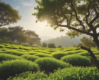 A close-up of vibrant green tea leaves with a backdrop of a clear blue sky and fluffy white clouds. The bright sunlight highlights the fresh, glossy texture of the leaves. In the distance, a silhouette of mountain ranges can be seen.
