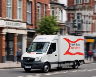 A white van with company advertisements on its side is moving quickly along a city street. The scene captures a sense of speed and motion, with a blurred background of office buildings and other vehicles. The road is marked with red and white lines, indicating a bus or special lane.