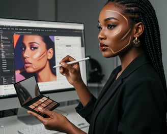 a woman with a digital pen and makeup palette in her hand