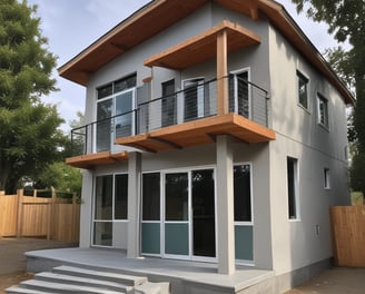 A multi-story residential building features numerous apartments with balconies. Each unit is fitted with air conditioning units attached below the windows. The facade exhibits a uniform pattern of windows and concrete, creating a repetitive architectural style.