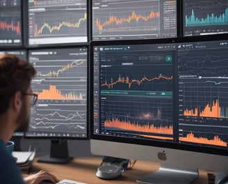 A computer monitor displays a cryptocurrency exchange interface with various graphs, charts, and numerical data. On the left side, there are options for buying and selling, as well as a list of recent trades. The main graph on the right shows a price chart with a candlestick pattern, indicating fluctuations in the market over a period of time.