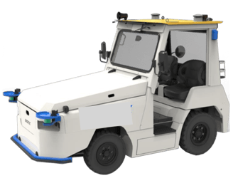 a white and blue utility vehicle with a yellow roof. Autonomous driving. Self driving. Logistics