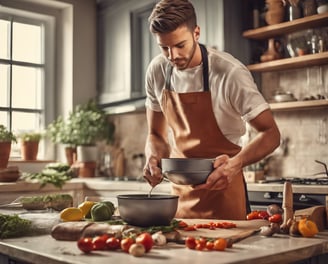 un cuisinier à domicile qui cuisine en mode batch cooking