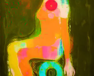 a woman in a colorful dress sitting on a chair