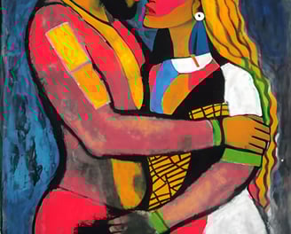 a painting of a man and woman embracing