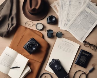 A neatly arranged collection of travel essentials on a light wooden floor, featuring a black laptop with eyeglasses and a smartphone on top, a vibrant blue and green patterned scarf, a camera lens, a folded drone, a closed black notebook, and a red passport.