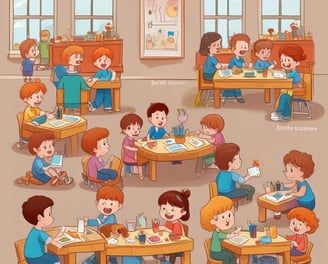 A colorful classroom with small tables and chairs, bright decorations, and educational materials. Children's artwork is displayed on the walls, and there are playful elements like painted benches and a vibrant alphabet rug.