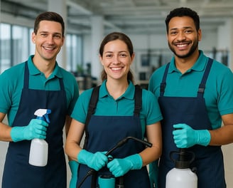 crew smiling, holding sanitizing equipment in branded uniforms.
