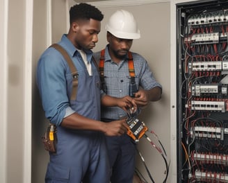 A person is working in an industrial setting, wearing a blue shirt with orange lettering on the back. There are multiple pipes and tubes connected to machinery. The room features industrial equipment like control panels with digital displays and a yellow caution sign. The walls are lined and there's a window draped with fabric.