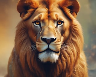 A majestic lion sits on a vast, grassy plain, its mouth open wide in a roar. The lion's mane is thick and dark, contrasting with its light brown body. In the background, rolling hills covered with patches of trees stretch into the distance under a cloudy sky.