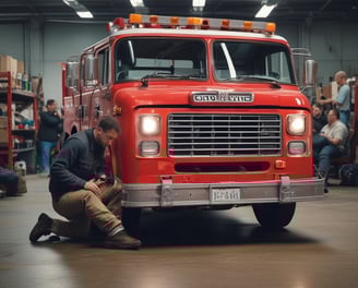 A person crouches in front of a white luxury car, examining or adjusting the license plate on the front bumper. The scene is set on a brick driveway next to a small workshop or garage. The car's grille, LED headlight, and the logo are prominently visible.