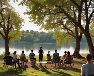 un gruppo di persone in una sessione di professional outdoor coaching con alberi e un lago
