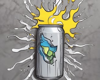 A hand holding a can of energy drink with liquid overflowing and foaming from the top. The can is labeled 'Positive Energy' with a tropical theme, displaying images of a coconut and lime.