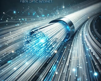 Fondo profesional y moderno con cables de fibra óptica brillando en tonos azules y blancos.