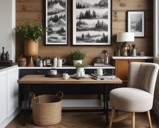 An interior scene featuring a variety of artistic and design elements. A large woven tapestry with fringes is mounted on a textured wall. Below it, a minimalist concrete console table with arched compartments holds several cylindrical and rectangular decorative objects. The ambient lighting is warm, contributing to a cozy atmosphere.