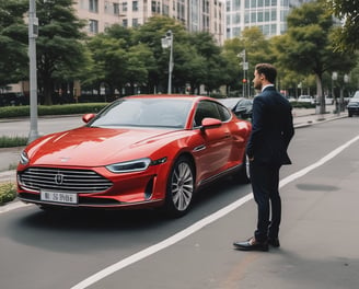 A luxury sports car with sleek black bodywork and blue accents is prominently featured in the foreground, showcasing its high-performance wheels. In the background, a private jet is parked on an overcast day, highlighting a scene of opulence and sophistication.