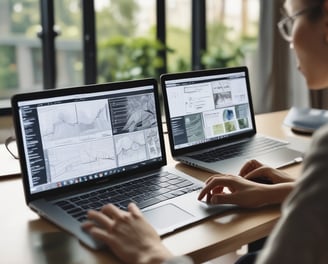 A person is using a laptop, working on graphic design, with three similar-looking design templates on the screen. The setting appears to be indoors with natural light coming through sheer curtains.