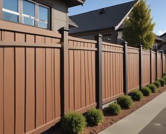 A wooden fence with vertical slats is shown against a clear blue sky. There is a birdhouse mounted on the top of the fence.