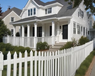 A wooden fence with a grid-like pattern is set against a backdrop of brick and greenery. The fence is weathered, with a natural, rustic appearance. In the background, brick structures and blurred foliage create a layered, textured scene.