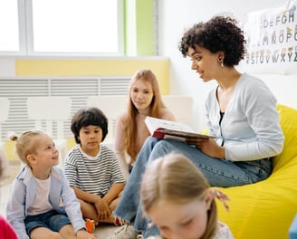 A teacher reading a book to children in a classroom.