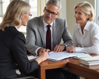 A professional consultation setting with a medical professional sitting at a desk facing a client. The room has a modern aesthetic with white walls decorated with framed certificates. The desk is organized with office supplies, a laptop, and a fruit bowl in the center.