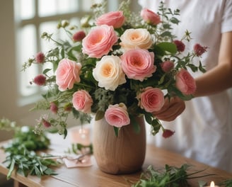 A vibrant floral shop display featuring a wide variety of colorful flowers arranged in vases and wrappings. The arrangement includes shades of pink, purple, orange, and white flowers, surrounded by lush green foliage. The setting is warm with exposed brick walls and decorative elements like wreaths and a neon sign.