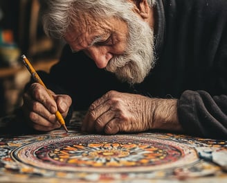 Foto van een senior man die een moeilijke mandala inkleurt