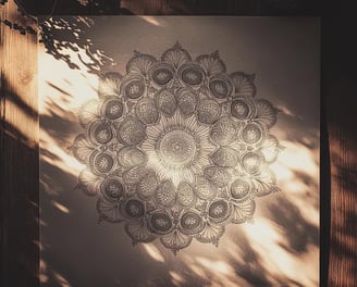 Mandala op een houten tafel in ochtendlicht