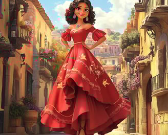 Prinses Elena van Avalor in een spaanse stad