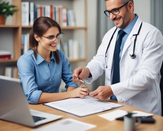 A professional consultation setting with a medical professional sitting at a desk facing a client. The room has a modern aesthetic with white walls decorated with framed certificates. The desk is organized with office supplies, a laptop, and a fruit bowl in the center.