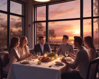 People are sitting in a restaurant or dining area, some of them raising white napkins in the air. The setting includes hanging lights and tables, with a focus on social interaction and enjoyment.