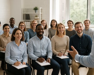 a man in a blue shirt is standing in front of a group of people