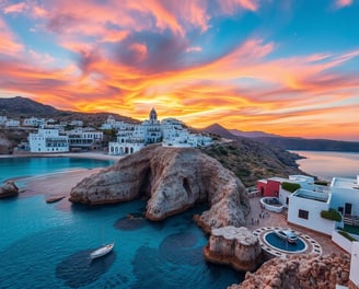 A picturesque view of Milos Island showcasing its stunning coastline, crystal-clear turquoise waters