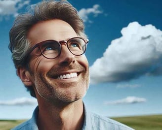 A joyful man smiling while looking at the sky, symbolizing inner peace and the impact of spiritual practices on happiness.