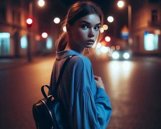 A woman walking alone on the street, looking back with fear, representing the need for meditation to reduce fear and anxiety.