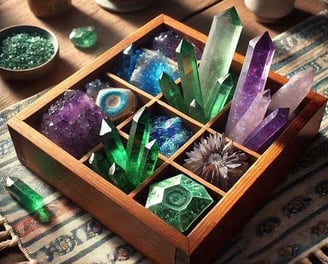 Colorful healing crystals placed on a table, representing their role in Reiki practices and promoting energy healing