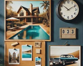 Cork boards on a wall displaying dream home, car, travel, and vacation images, representing a vision board for manifestation.