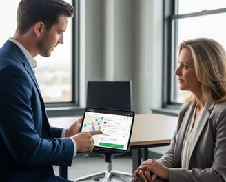 Professional consultant showing client Google Business Profile optimization of local map on a tablet