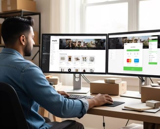 Modern entrepreneur working on Shopify store design on dual monitors
