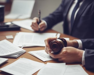 A person in a dark blue suit bends over a table with a laptop, interacting with another person seated and talking on a phone. They are both wearing masks. In the background, a woman dressed in black is also on the phone, standing nearby. The setting appears to be outdoor with an urban backdrop.