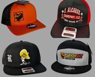 Custom embroidered trucker hats with company logos and personalized designs, including construction.