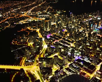 a cityscape of a city at night